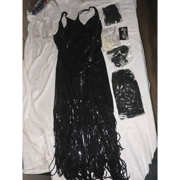 NWT Womens Black‎ Sequin Fringe Flapper 1920s Style Gatsby Party Dress Costume - Picture 2 of 8